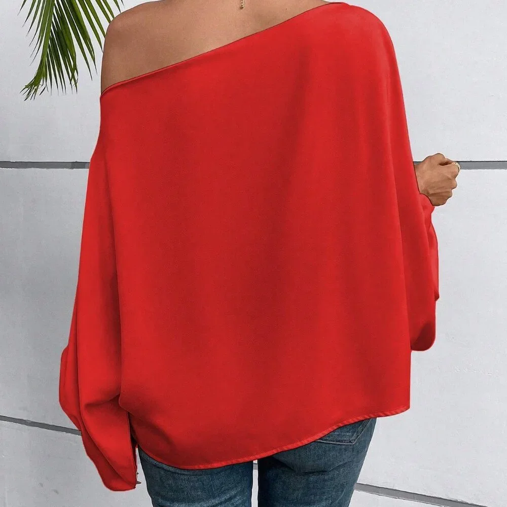 Red Orange Casual Women's One Shoulder Lantern Sleeve Blouse - Picture 2 of 5